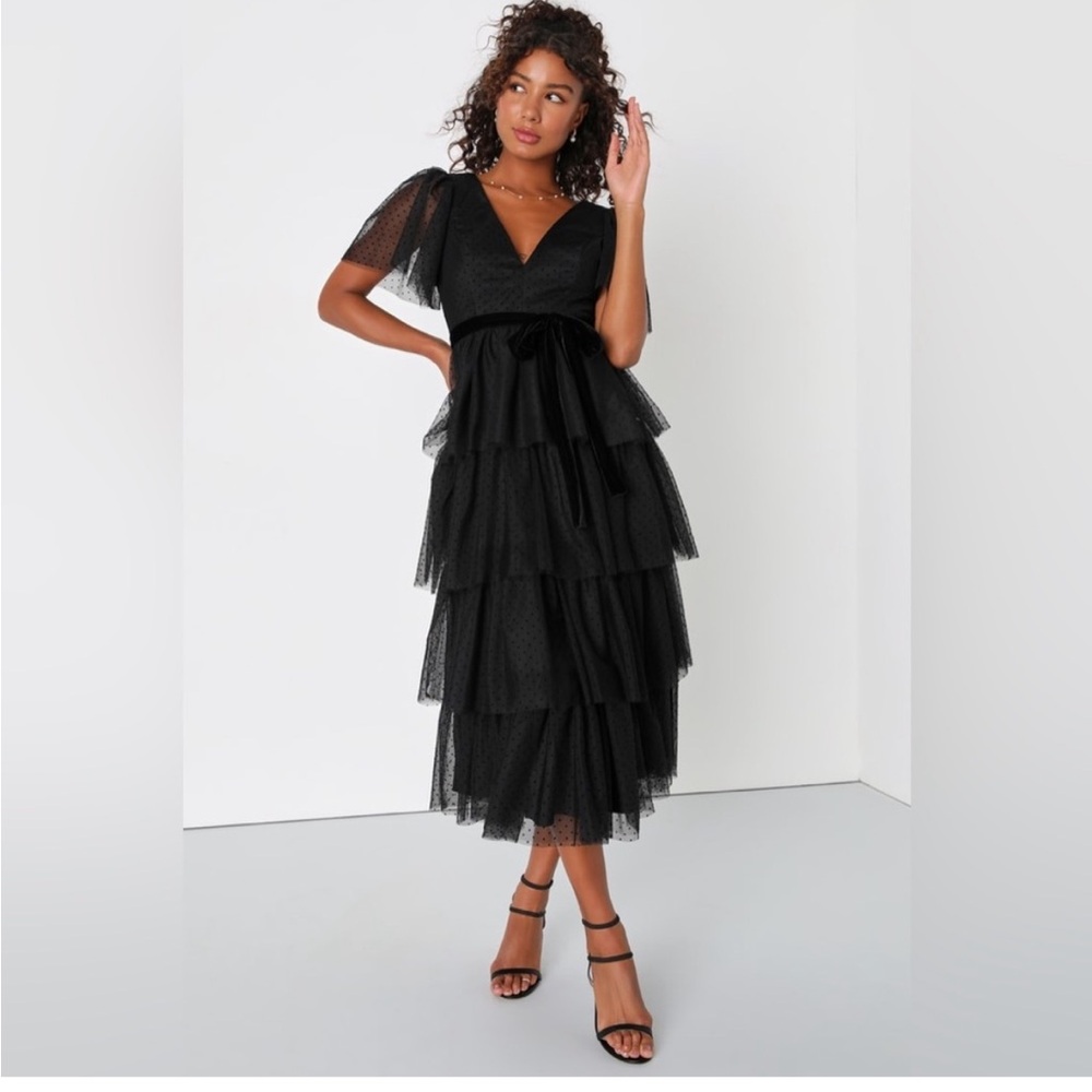 Darling Elegance Black Mesh Swiss Dot Flutter Sleeve Midi Dress